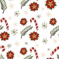 Amela, snowflakes, candy canes and green twigs. Christmas seamless vector pattern.